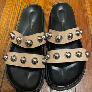 Loeffler Randall Beige Double-Strap Stud Slide Sandals with Black Footbed
